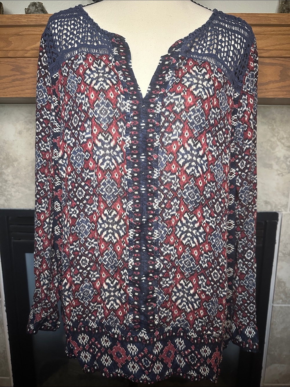 Lucky Brand XL Western Boho Long Sleeve Top Crochet Lace Tribal Print Blouse